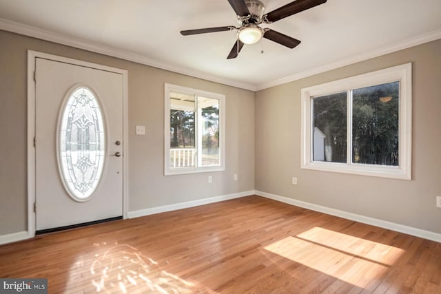 foyer with light wood-type flooring, ceiling fan, and crown molding