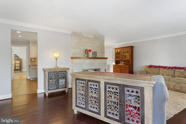 living room featuring a stone fireplace, dark wood-type flooring, and ornamental molding