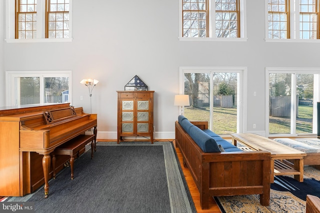 sitting room with dark wood-type flooring and a high ceiling