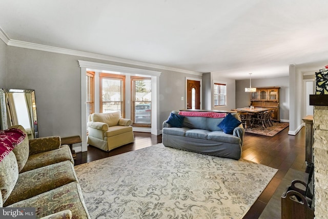 living room featuring dark hardwood / wood-style floors, ornamental molding, and a fireplace