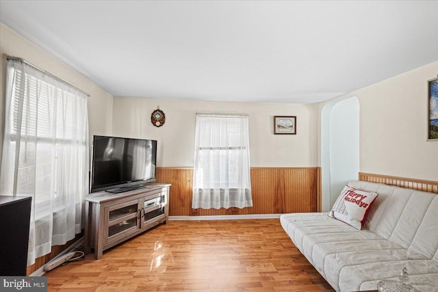 living room featuring wood walls and light hardwood / wood-style floors