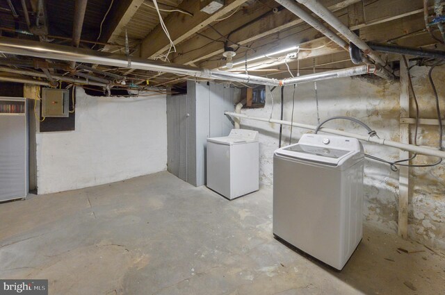 basement with washer and clothes dryer and electric panel