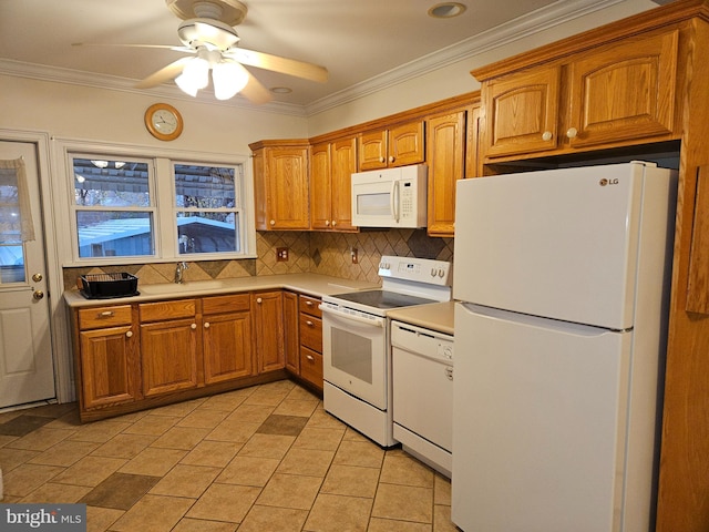 kitchen featuring tasteful backsplash, ornamental molding, white appliances, ceiling fan, and sink