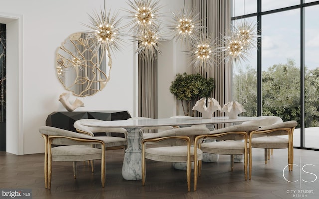 dining room featuring a chandelier, dark parquet flooring, and expansive windows