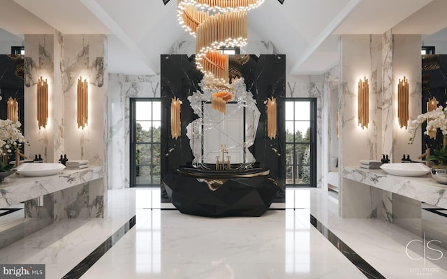 bathroom featuring a healthy amount of sunlight and an inviting chandelier