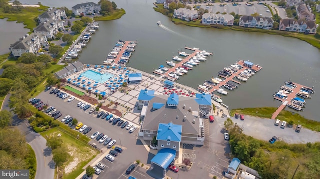 bird's eye view with a water view