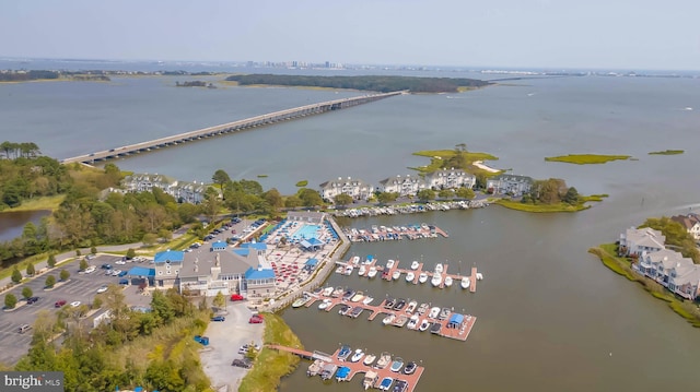 drone / aerial view featuring a water view