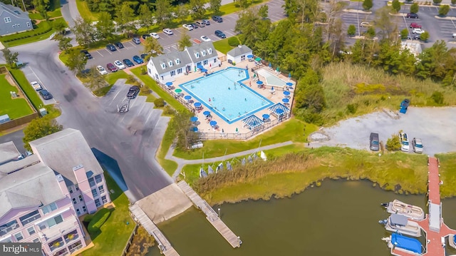 drone / aerial view featuring a water view