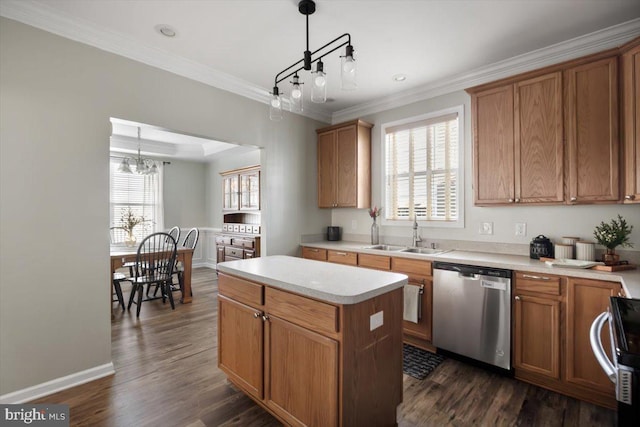 kitchen with stainless steel dishwasher, decorative light fixtures, a kitchen island, and dark hardwood / wood-style flooring