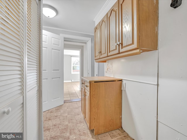 kitchen with crown molding and light brown cabinetry