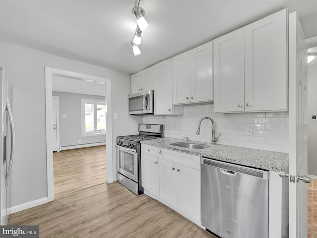 kitchen featuring sink, white cabinets, stainless steel appliances, and light hardwood / wood-style floors