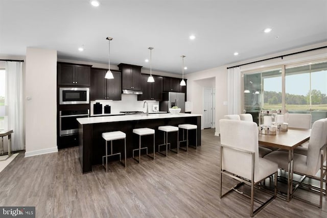 kitchen featuring hardwood / wood-style floors, hanging light fixtures, an island with sink, appliances with stainless steel finishes, and dark brown cabinets