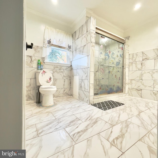 bathroom with toilet, a shower with door, tile walls, and ornamental molding