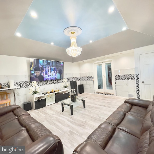 living room with tile walls