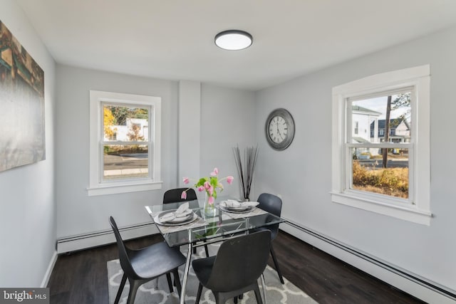 dining area featuring a wealth of natural light, baseboard heating, and dark wood-type flooring