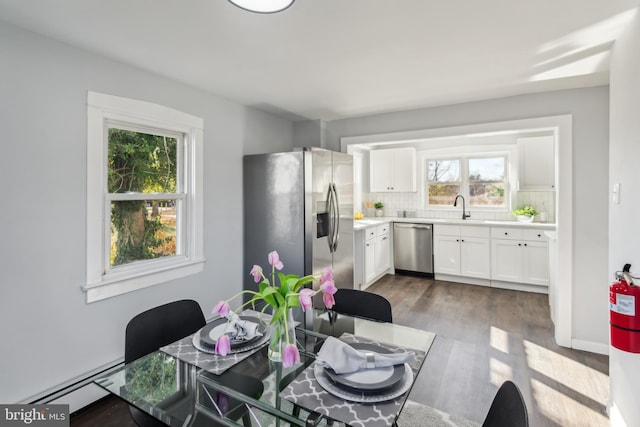 dining space with baseboard heating, sink, and dark wood-type flooring