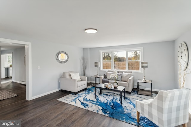 living room with dark hardwood / wood-style floors and baseboard heating