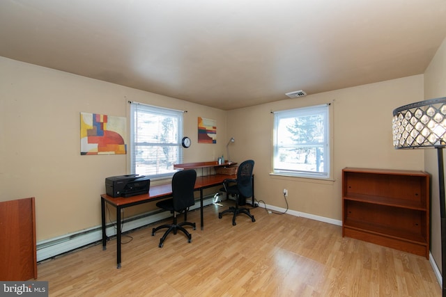 office space featuring a baseboard radiator, visible vents, baseboards, and wood finished floors