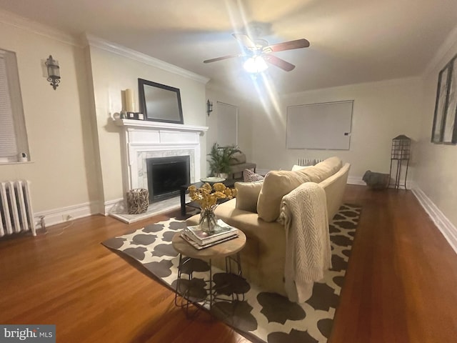 living room with dark hardwood / wood-style floors, radiator heating unit, ornamental molding, and a premium fireplace