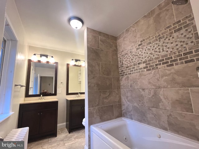 full bathroom featuring vanity, bathtub / shower combination, and toilet