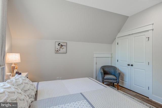 bedroom with wood-type flooring, a closet, and lofted ceiling