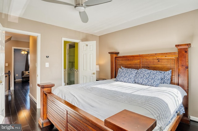 bedroom featuring ceiling fan and dark hardwood / wood-style floors