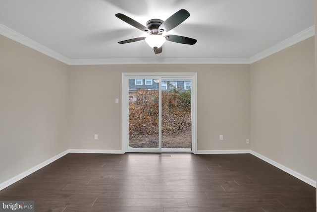 spare room featuring ceiling fan, crown molding, and dark wood-type flooring