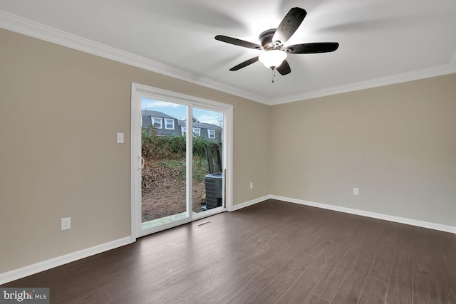 unfurnished room featuring ceiling fan, dark hardwood / wood-style flooring, and crown molding