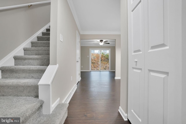 staircase featuring hardwood / wood-style floors, ceiling fan, and crown molding