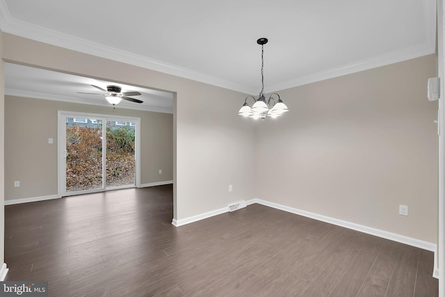 unfurnished room featuring crown molding, dark wood-type flooring, and ceiling fan with notable chandelier