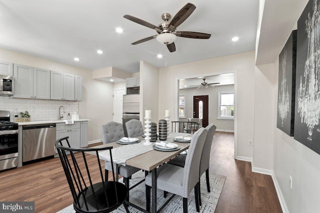 dining area with dark hardwood / wood-style floors, ceiling fan, and sink