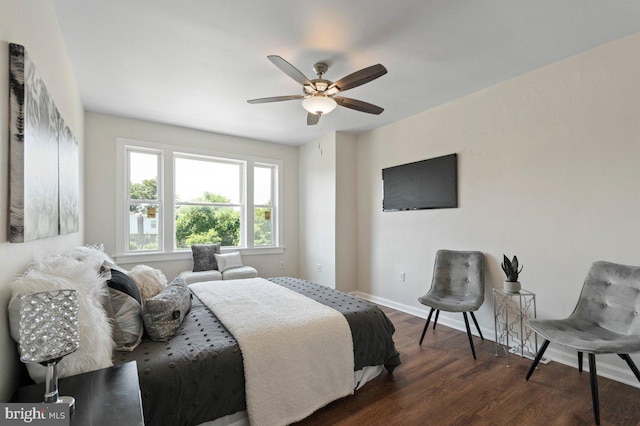 bedroom featuring ceiling fan and dark hardwood / wood-style flooring