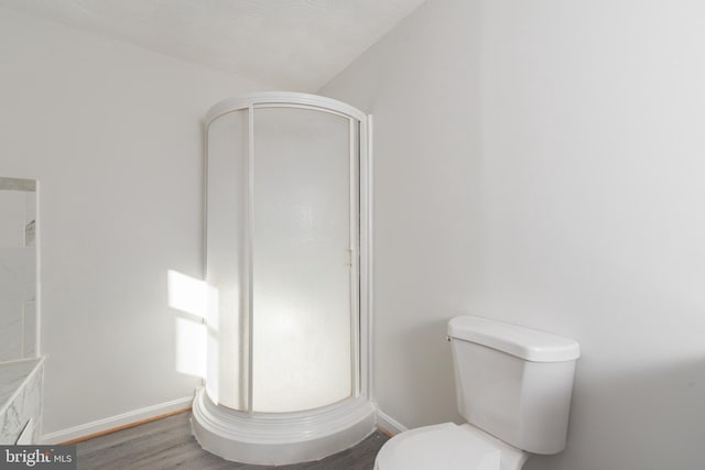 bathroom with walk in shower, toilet, and hardwood / wood-style flooring