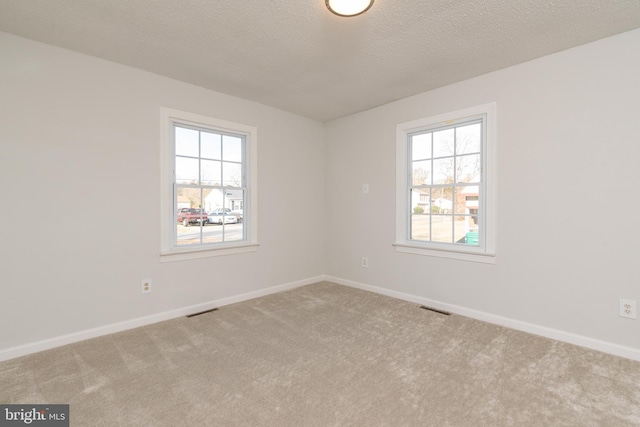 unfurnished room with carpet flooring, a healthy amount of sunlight, and a textured ceiling