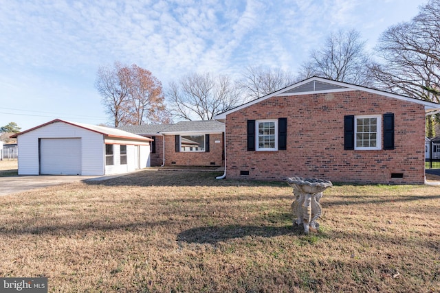 ranch-style house with an outbuilding, a front lawn, and a garage