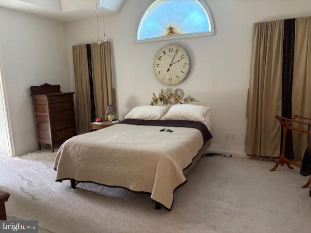 bedroom featuring light colored carpet