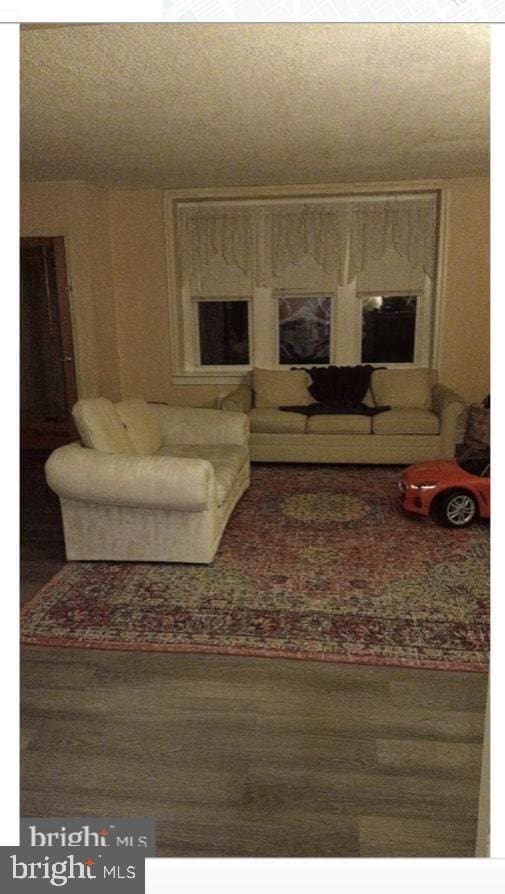 living room with wood-type flooring and a textured ceiling