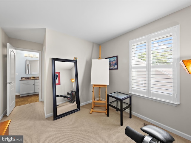 living area featuring light colored carpet