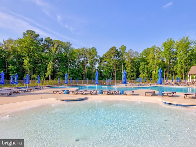 view of pool featuring pool water feature and a patio area