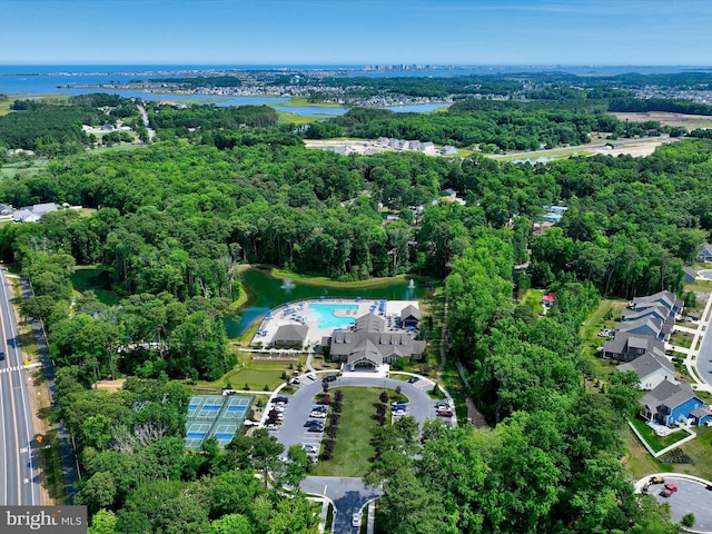 drone / aerial view with a water view