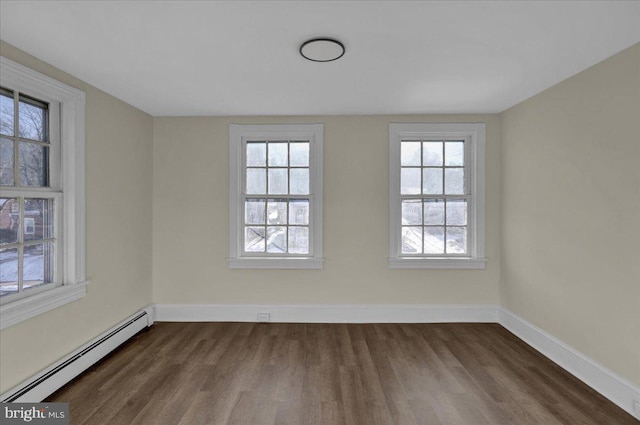 spare room with dark hardwood / wood-style floors and a baseboard heating unit