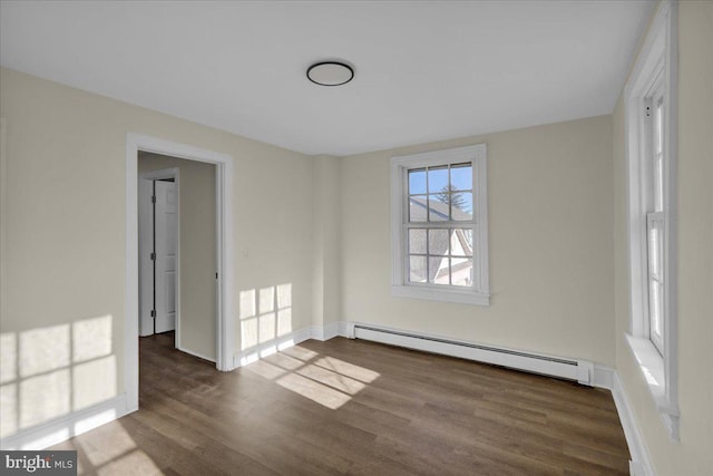 unfurnished dining area with dark hardwood / wood-style flooring and baseboard heating