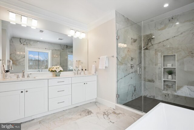 bathroom featuring ornamental molding, walk in shower, and vanity