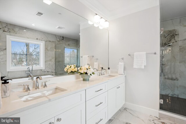 bathroom featuring an enclosed shower and vanity