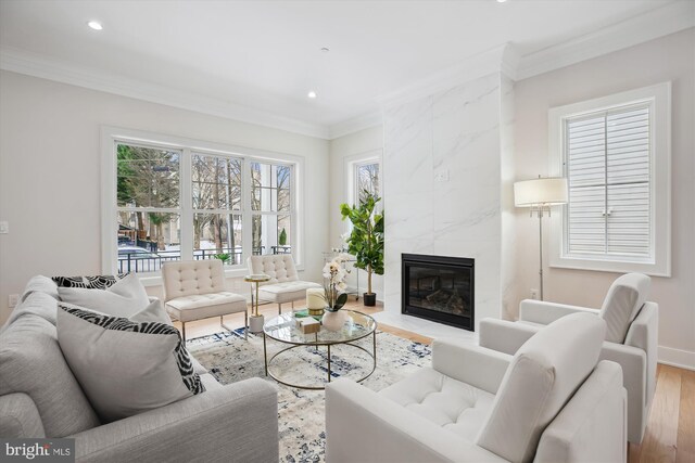 living room with light wood-type flooring, a premium fireplace, and ornamental molding