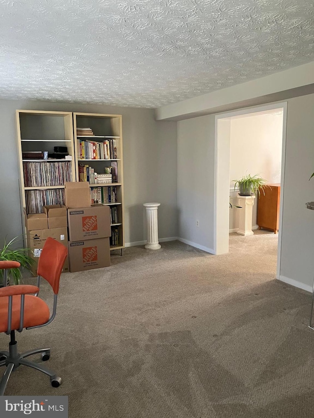 sitting room with carpet flooring and a textured ceiling