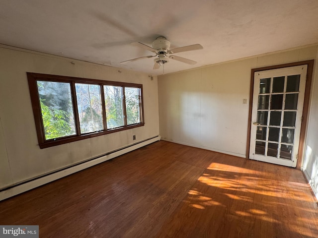 unfurnished room featuring ceiling fan, a baseboard radiator, and hardwood / wood-style flooring