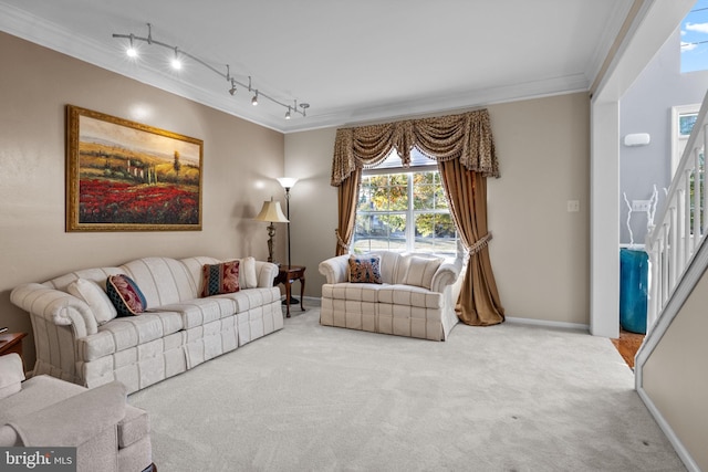 carpeted living room with crown molding