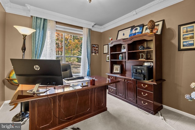 carpeted office featuring crown molding