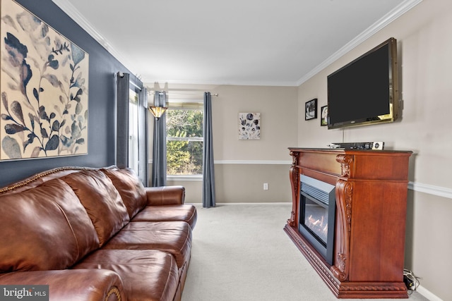 carpeted living room featuring crown molding